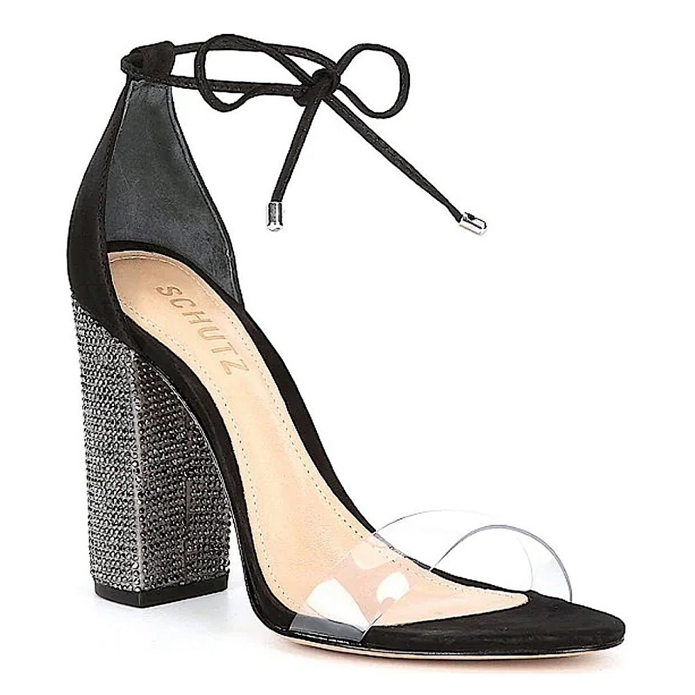 NWT SCHUTZ Anahe Ankle Tie Clear Strap Rhinestone Block Heel Sandals size 5B
